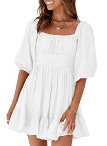 lot 84064 image: Dokotoo Tie Backless Square Neck Sexy Dresses for Women 2023 Puff Sleeve Shirred Elastic Waist Off The Shoulder White Dress A-line Ruffled Casual Dresses for Wedding Guest XL