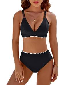 lot 84065 image: BMJL Womens Bikini Sets V Neck High Waisted Swimsuits Shell Stitched Cheeky Two Piece Bathing Suit(XL,Black)