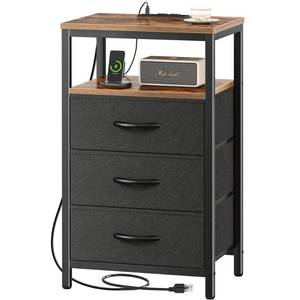 lot 84069 image: Huuger Nightstand with Charging Station, 27.6 Inch Side Table with Fabric Drawers, End Table Bedside Table with USB Ports and Outlets, Night Stand for Bedroom, Rustic Brown and Black