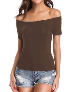 lot 84074 image: Fuinloth Womens Off Shoulder Tops, One Shoulder Shirts, Short Sleeves Sexy Slim Fit Tees Chocolate X-Large