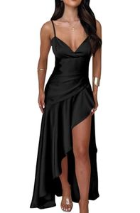 lot 84076 image: Memoriesea Womens Sexy Satin V Neck High Slit Ruffle Hem Party Evening Maxi Dress Black