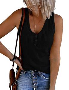 lot 84089 image: MEROKEETY Summer Tank Tops for Women, Button V Neck Sleeveless Ribbed Henley Shirts Basic Tees, Black, L
