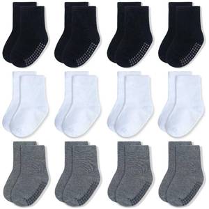 lot 84095 image: JAKIDAR 12 Pairs Baby Socks Cotton Crew Toddler Socks Grips Non Slip Bottom Kids Socks, Black Gray White 4-7T