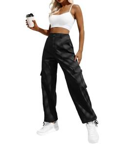 lot 84097 image: Womens Casual Mid Waist Cargo Pans Stretch Wide Leg Pants with Pockets Black