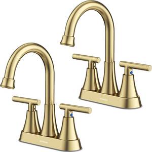 lot 84102 image: Bathroom Faucets for Sink 3 Hole, Hurran 4 inch Brushed Gold Bathroom Sink Faucet with Pop-up Drain and Supply Hoses, Stainless Steel Lead-Free Centerset Faucet for Bathroom Sink Vanity RV, 2 Pack - Retail $75.16