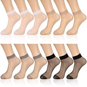 lot 84104 image: Geyoga 12 Pairs Sheer Ankle Socks Thin Nylon Transparent Ankle High Hosiery Socks Short Dress Stockings for Women and Girls (Classic Color,Medium)