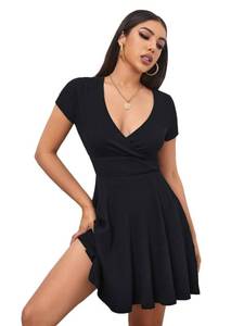 lot 84105 image: Verdusa Womens Surplice Neck Short Sleeve Mini Wrap A Line Fit and Flare Dress Black L