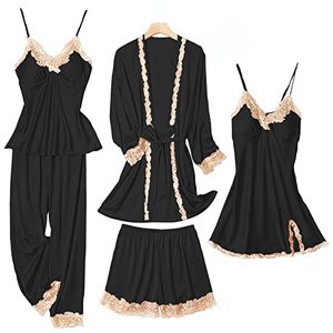 lot 84110 image: SAPJON Womens Pajama Sets 5PCS Silk Pajamas for Women Cute Sleepwear Loungewear Satin Pajamas Sets for Women Soft Black