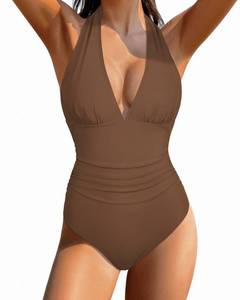 lot 84115 image: SUUKSESS Women Sexy Halter One Piece Swimsuit Slimming Tummy Control Monokini Bathing Suits (Brown, XL)