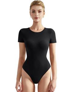 lot 84117 image: SUUKSESS Women Short Sleeve Bodysuit Crew Neck Thong Body Suit Shirts Basic Tops (Black, S)