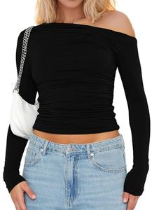 lot 84122 image: RONGCAT Womens Sexy Off Shoulder Long Sleeve Tops Slim Fit Asymmetrical Neck Crop Tops Ruched Stretchy Going Out T Shirt(Black,L)