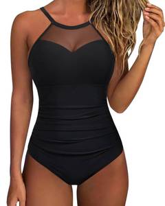 lot 84125 image: SUUKSESS Women Slimming Tummy Control One Piece Swimsuits Sexy Mesh High Neck Monokini Bathing Suits (Black,XL)