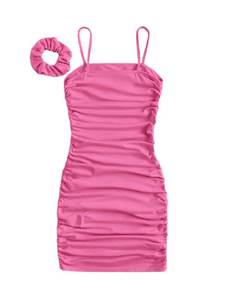lot 84135 image: SOLY HUX Girls Ruched Sleeveless Bodycon Pencil Cami Midi Dress with Hair Scrunchies Pure Pink 8-9Y
