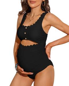lot 84143 image: Charmo Maternity Bathing Suit One Piece Ruched Scoop Neck Swimsuit Scallop Edges Cut-Out Pregnancy Swimwear Black M