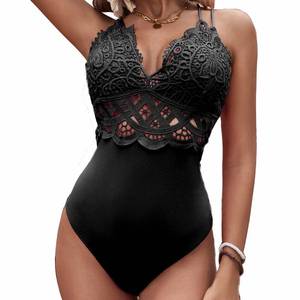 lot 84145 image: BSXIJIE Womens Bodysuit Sexy Lace Deep V Neck Country Concert Outfits Bodysuit With Spaghetti Strap Snap Crotch Tops (Black Medium)