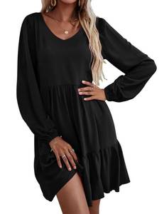 lot 84149 image: HOTOUCH Fall Casual Ruffled Dress for Women Flowy Swing Dress Long Sleeve A-Line Dress with Pockets Women V Neck Babydoll Dresses Black Medium