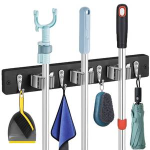 lot 84153 image: Mop and Broom Holder Wall Mount - Rustic Wood Broom Hanger Wall Mount  Laundry Room Decor - Broom Organizer Wall Mount for Farmhouse Garden Kitchen Garage Tool Organizer(Black-3slots4hooks)
