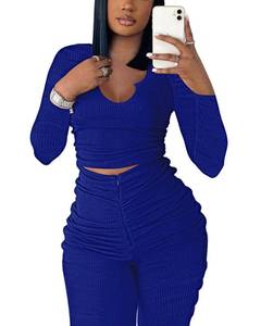 lot 84157 image: Qusuny Women 2 Piece Tracksuit Outfits Crop Top V Neck High Waist Bodycon Ribbed Solid Sweatsuits Side Drawstring Casual Pants Set Jumpsuit Blue L