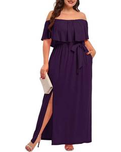 lot 84159 image: Plus Size Off The Shoulder Dress Purple Maxi Formal Wedding Guest Long Casual Sun-Dresses Slit Women Summer with Pockets