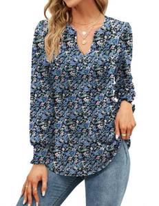 lot 84169 image: Micoson Womens Long Puff Sleeve V Neck Loose Casual Tops Pleated Tshirts Crinkle Tunic Blouses with Smocked Cuffs Floral Blue L