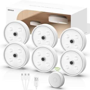 lot 84175 image: EZVALO Under Cabinet Lights, 2 Color Temperatures Motion Sensor Puck Lights, Rechargeable LED Closet Lights Group Control, Dimmable LED Under Counter Lights for Kitchen, Cabinet, Hallway (6 Pack)
