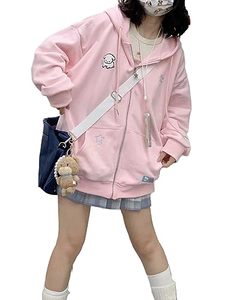 lot 84185 image: OATSBAS Kawaii Zip Up Hoodie Women Cute Cartoon Embroidery Oversized Pullover Sweatshirt Harajuku Kawaii Hooded Top (Large,Pink-Thick)