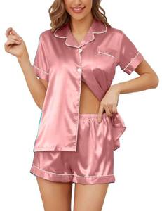 lot 84186 image: QLVKYW Womens Satin Pajama Set Button Down Short Sleeve Loungewear Set Silk Pjs for Bride Bridesmaid Party Deep Pink