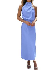 lot 84190 image: BTFBM Womens Sleeveless Cocktail Dresses Mock Neck Keyhole Elastic High Waist Wedding Guest Evening Party Maxi Dress(Solid Blue, Medium)
