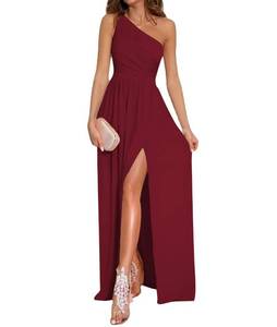lot 84204 image: LYANER Womens One Shoulder High Split Sleeveless Ruched Cocktail Sexy Maxi Dress Solid Wine Red Small