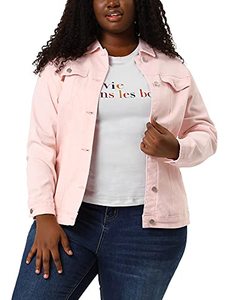 lot 84205 image: uxcell Womens Plus Size Stitching Button Front Washed Denim Jacket 2X Pink