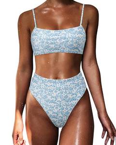 lot 84208 image: MOSHENGQI Women Bandeau High Waisted Bikini Push Up High Cut Swimsuits (S, Blue Ditsy Floral)