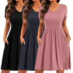 lot 84210 image: Huukeay 3 Pack Womens Empire Waist Dresses Short Sleeve V Neck Swing Pleated Dress with Pockets (Black, Dark Gray, Pink,X-Large)