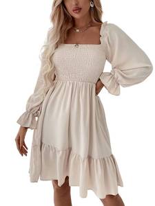 lot 84215 image: LYANER Womens Long Puff Sleeve Square Neck Shirred Ruffle Swing Midi Dress Solid Beige Small