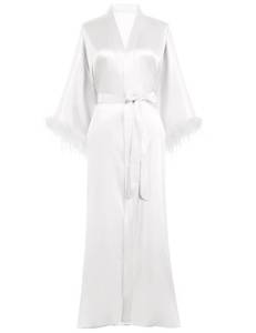 lot 84219 image: PRODESIGN Satin Kimono Robe Long Silky Bath Robe with Ostrich Feather Trim Sleepwear Wedding Bridesmaid Robe