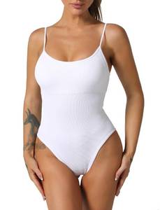 lot 84220 image: ABOCIW Bodysuits for Womens Ribbed Seamless Sleeveless Adjustable Spaghetti Straps Shapewear Bodysuit Tummy Control Body Shaper Thong Padded Camisole Top #2 White Large