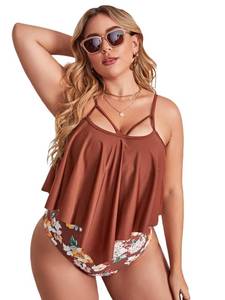 lot 84461 image: MakeMeChic Womens Plus Size Tankini Swimsuit Floral Ruffle High Waisted Two Piece Bathing Suit Brown 1XL