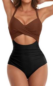 lot 84467 image: Eomenie Womens One Piece Swimsuits Tummy Control Cutout High Waisted Bathing Suit Wrap Tie Back 1 Piece Swimsuit Caramel, Black