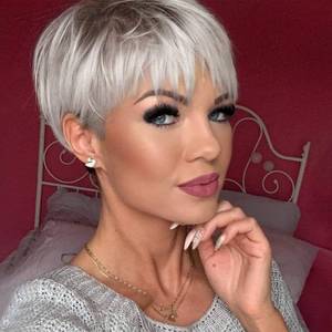 lot 84470 image: MIMAN Short Platinum Blonde Pixie Cut Wig Fluffy Short Hair Wigs with Bangs Dark Color Roots Layered Hair Natural Looking Synthetic Wig Halloween Costumes Wigs for Women
