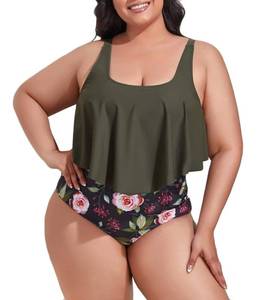 lot 84480 image: Mooncore Womens Plus Size Swimsuit Tankini High Waisted Bathing Suits Flounce Bikini Swimsuit Two Piece Swimwear(Green, L)