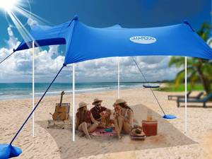 lot 84492 image: UMARDOO Family Beach Tent Canopy Sun Shade Portable 1010FT, Large Wind Resistance Beach Sun Shelter Easy Setup with Packable Carry Bag for Outdoor Travel UPF 50 (Blue) - Retail $112.98