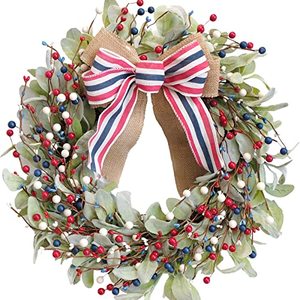 lot 84523 image: TEMPUS 4th of July Independence Day Red White Blue Berries Lambs Leaves Ring Wreath20inch Patriotic Decorations for Front DoorMemorial Day Flag Day Veterans Day