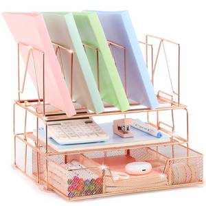 lot 84524 image: Housmile Gold Desk Organizer, Office Supplies Desk Accessories with Sliding Drawer, Paper Letter Tray, File Sorters and Anti-slip Silicone, Detachable File Organizer for Desk