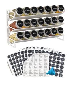 lot 84530 image: GONGSHI 3 Tier Spice Rack Organizer with 21 Empty Spice Jars, 386 Spice Labels, pen and Funnel Set for Countertop Cabinet Pantry or Wall Door Mount - White
