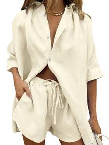 lot 84539 image: Runcati Womens Linen Cotton 2 Piece Outfits Button Down Half Sleeve Shirt&Summer High Waist Drawstring Shorts Set Beige