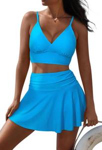 lot 84540 image: Women High Waisted Tankini Bathing Suit Tummy Control 2 Piece Bikini Crop Top Swimsuits Sports V Neck Light Blue S