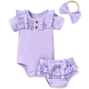 lot 84569 image: Aalizzwell 0-3 Months Newborn Infant Girls Clothes Short Sleeve Bloomer Shorts Ribbed Summer Outfit Violet