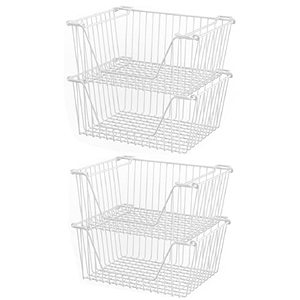 lot 84583 image: Slideep 14 Large Stackable Storage Baskets Cabinet Organizer Sturdy Metal Wire Pantry Freezer Bin for Pantry Home Bathroom Kitchen Organization White - 4 Pack