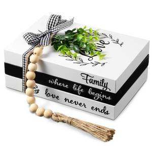 lot 84585 image: Capoda 3 Pcs Decorative Books for Home Decor Farmhouse Faux Stacked Books Wooden Rustic Decorative Books with Bead Garland Twine Ribbon Faux Leaf for Table(Love)