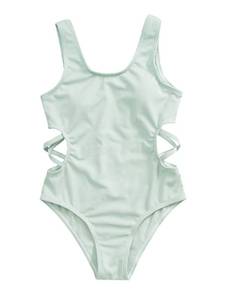 lot 84595 image: Milumia Girls Cute Ribbed Knit One Piece Swimsuit Cut Out Scoop Neck Bathing Suit Dusty Blue 11-12 Years