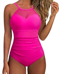 lot 84598 image: SUUKSESS Women Slimming Tummy Control One Piece Swimsuits Sexy Mesh High Neck Monokini Bathing Suits (Hot Pink,XL)